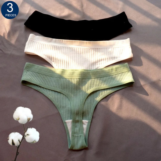 3 Pcs Seamless Ladies Ribbed Cotton Thong  ( Low Waist )
